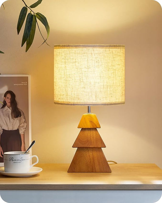 Small Table Lamp, Wood Desk Lamp with Tree-Shaped Base and Linen Lampshade, Bedside Lamp with Cable, E26 Base, Bulb Not Included, for Living Room, Bedroom, Beige and Dark Natural LE08TL05