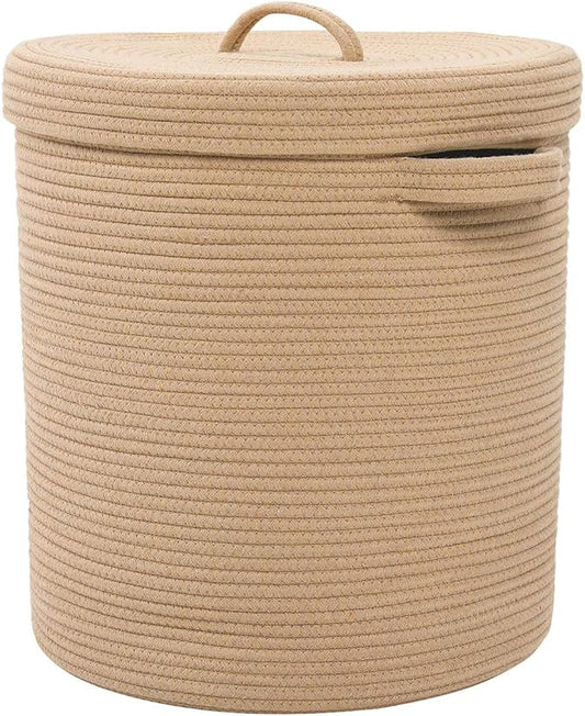 16" x 16" x 18" Extra Large Storage Basket with Lid, Cotton Rope Storage Baskets, Laundry Hamper, Cloth Bin, for Clothes Towels Blankets Pillows Storage in Living Room, Full Beige with Cover
