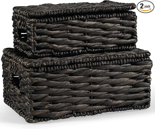 Wicker Basket with Lid - Decorative Storage Boxes for Home Decor, Shelves - Woven Basket with Lid - Wicker Decor - Rattan Box - Decorative Bins with Lids (Black)