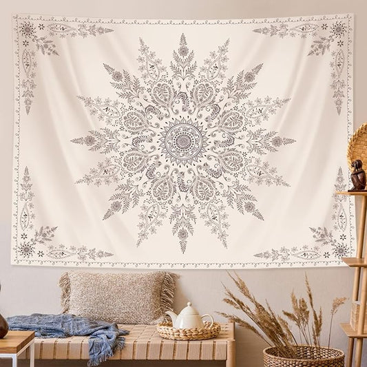 Lunerfex Boho Floral Tapestry Mandala Wall Tapestry, Cute Tapestries for Bedroom Beige Flower Tapestries Wall Hanging for Bedroom Living Room Wall Decor Beige-2 60"x80"