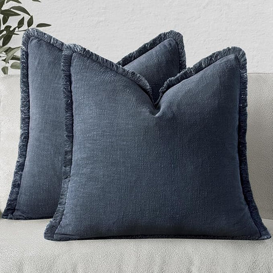 MIULEE Decorative Throw Pillow Covers Neutral Linen Fringe Throw Pillows Set of 2 Indigo Blue Boho Farmhouse Cushion Covers with Tassels for Couch Sofa Bed Living Room Spring Home Decor 20x20 Inch