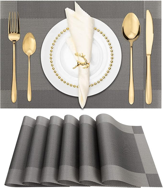 Winknowl Placemats for Dining Table Set of 6 Waterproof, Woven Place Mats for Kitchen Table Vinyl Heat Insulation Stain Resistant Placemats (Gray)