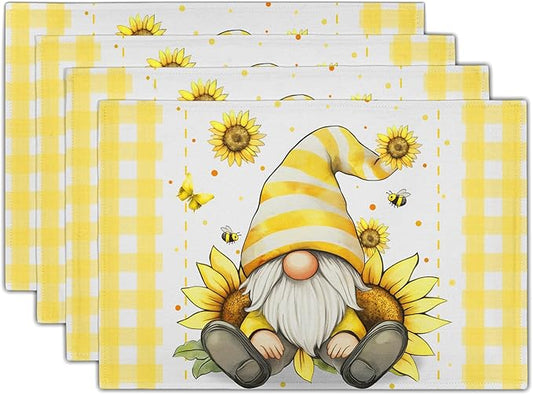 Summer Gnome Sunflowers Placemats Set of 4, Honey Butterfly Yellow White Buffalo Check Plaid Dining Table Place Mats 12 x 18 Inch Summer Seasonal Farmhouse Kitchen Home Decor