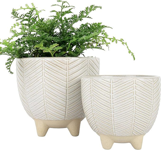 LA JOLIE MUSE Ceramic Footed Flower Plant Pots - 6.7 + 5.1 Inch Boho Decor Indoor Planters with Drainage, Home Decor Gift, Beige