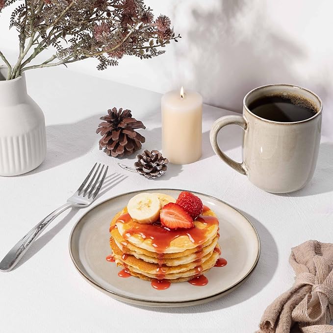 Herogo Dinnerware Sets with Pasta Bowls, 16 Piece Plates and Bowls Set for 4, Modern Stoneware Dinner Dishes for Kitchen Dinning, Dishwasher & Microwave Safe, Cream Khaki