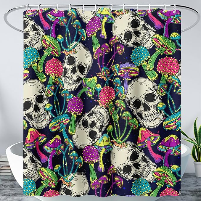 AILONEN Skull Shower Curtain for Bathroom,Mushroom Skull Bath Curtain Decoration,Fantasy Fungus Skeleton Print Waterproof Black Curtain with 12 Plastic Hooks, 72" W*72" H