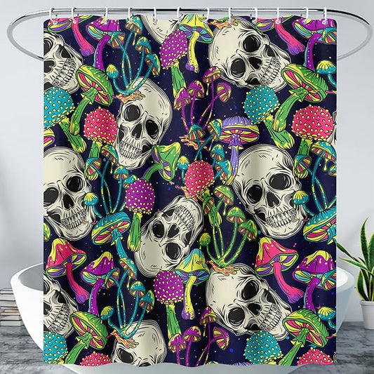AILONEN Skull Shower Curtain for Bathroom,Mushroom Skull Bath Curtain Decoration,Fantasy Fungus Skeleton Print Waterproof Black Curtain with 12 Plastic Hooks, 72" W*84" H