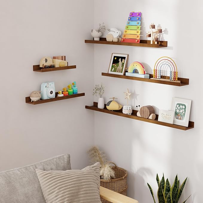 Picture Ledge Shelf, Solid Pine Wood Rustic Floating Shelves for Wall, 24 Inch Floating Shelves with Lip for Bedroom Kitchen Living Room Nursery Display Wall Decor, Set of 2 (Walnut)