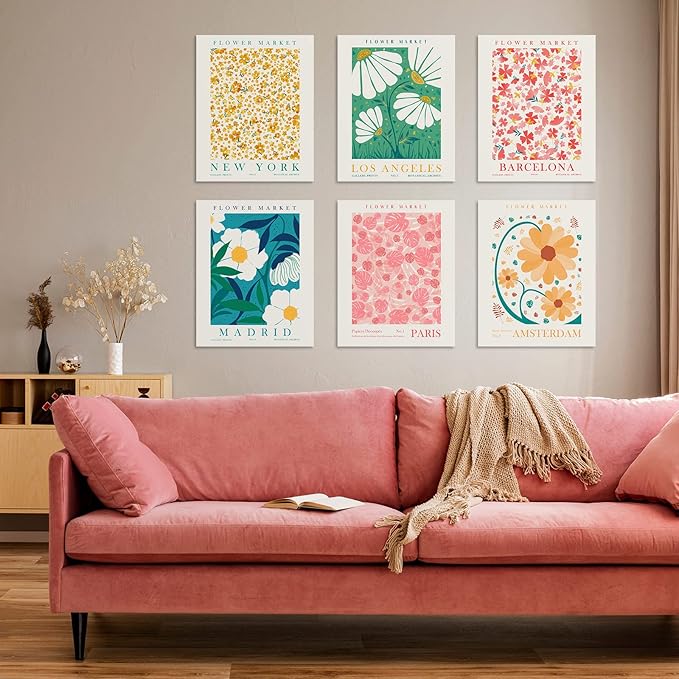 Habseligkeit Flower Market Posters for Room Decor Aesthetic, Danish Pastel Room Decor, Floral Wall Art Prints for Girs Dorm Aesthetic Decor Unframed, 11x14in, Set of 6