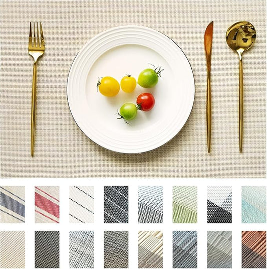Placemats Set of 6 Vinyl/Plastic Woven Place Mats for Kitchen Table Indoor/Outdoor Washable Placemat Wipeable Dining Table Mats (Beige,6)