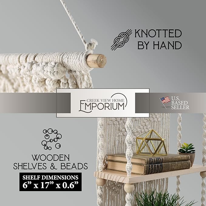 Hanging Plant Shelf Indoor Boho Decor - 3 Tier Macrame Shelf Wall Hanging Decor - Rope Boho Wall Art Wooden Floating Bookshelf for Kitchen, Bathroom or Bedroom