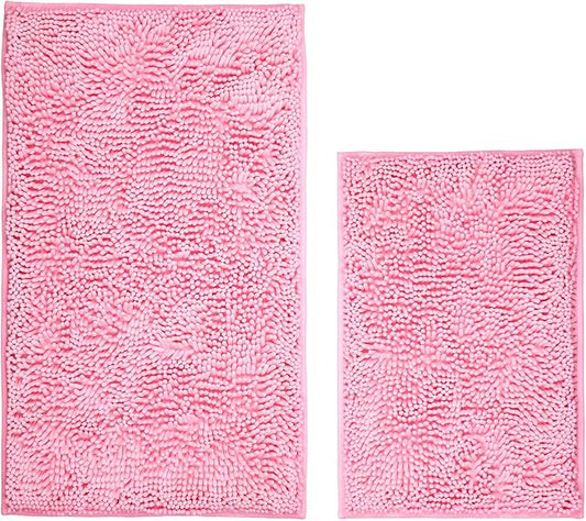 Bathroom Rugs Sets 2 Piece Washable, Luxury ，Chenille Bath Mat Set, Soft Plush Anti-Slip Rectangular Bath， Rug Super Absorbent. (Pink, 32"x20"+24"x16")