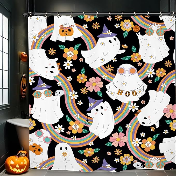 Halloween 70s Ghost Funny Shower Curtain 60Wx72L Inch 70s Groovy Funky Trendy Hippie Cute Horror Spooky Scary Rainbow Bathroom Set Accessories Decor with 12 Pack Hooks