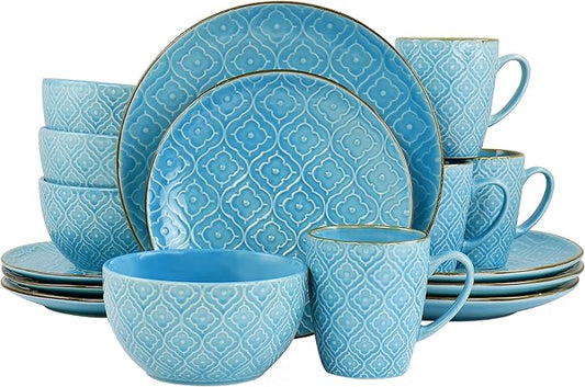Elama Aqua Lily 16 Piece Luxurious Stoneware Dinnerware with Complete Setting for 4