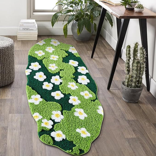 Cute Green Floral Bathroom Runner Rugs Extra Long Bath Mat 24''W x 60''L Non Slip Washable, Modern Chic Boho Aesthetic Trendy Funky Moss Throw Runner Rugs for Kitchen Bedroom Entryway