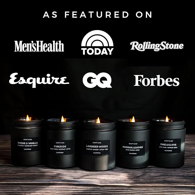 Craft & Kin Scented Candles Set for Men | Vintage Leather, Lavender & Wood, Fireside, Wood & Vanilla Scented Candle for Home | Soy Candles for Home Scented | Masculine Candle, Gifts for Men