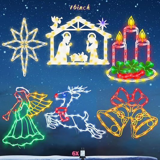 16" Christmas Window Silhouette Lights - 6 Pack Colour Lighted Bell, Angel, Candle, Nativity, Bethlehem Star, Reindeer for Holiday Indoor and Outdoor Wall Door Window Decorate