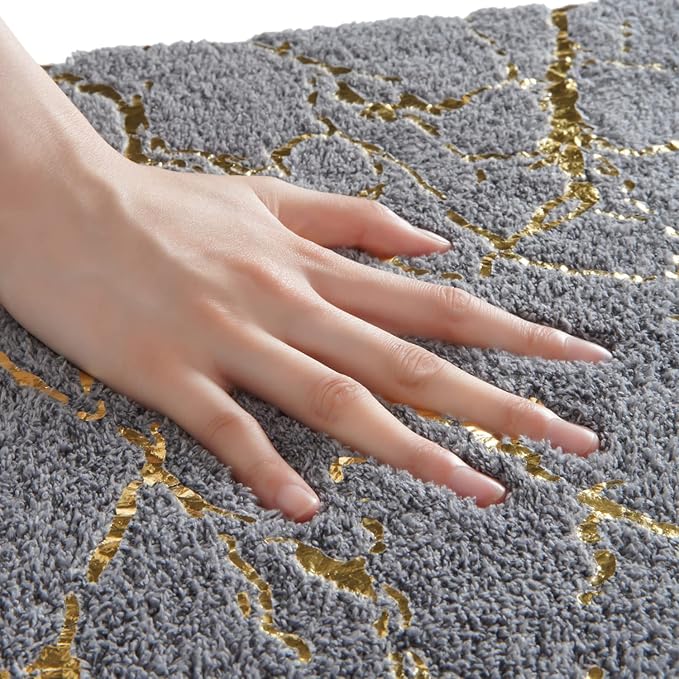 QJHOMO Marble Bathroom Rug Gray and Gold Decor Bathroom Rugs Non Slip Bath Mat Super Absorbent Microfiber Plush Bathmat Machine Washable Floor Carpet for Tub, Shower, Bedroom (16x24 inch)