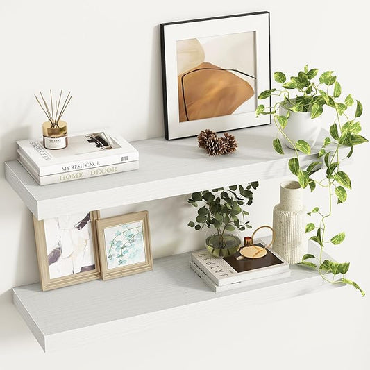 32Inch Floating Shelves, 9.3Inch Deep Rustic Wall Shelves - Extra Deeper & Thicker Wall Mounted Storage Shelf for Kitchen, Farmhouse - Set of 2 - Rustic White