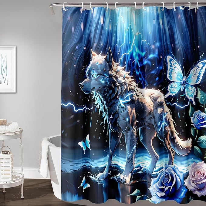 AILONEN Lightning Wolf Shower Curtain for Bathroom,3D Print Glowing Wolf Print Bath Curtain for Boys Men Kids,Raining Wolf Waterproof Bathroom Decor Blue Curtain with 12 Plastic Hooks, 72" W*84" H