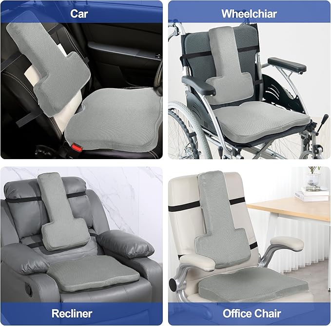 HOMBYS Lumbar Support Pillow for Office Chair with Seat Cushion, T Shape Backrest Pillow Improved Sitting Posture and Upper/Lower Back Pain Relief for Desk Chairs, Car Seats and Airplanes, Light Grey