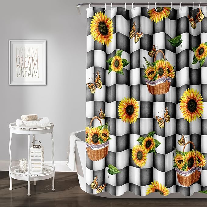 AILONEN Sunflower Shower Curtain for Bath Curtain,Black and White Grid Butterfly Bath Curtain,Garden Flower Yellow Floral Waterproof Shower Curtain 72" W x 78" H
