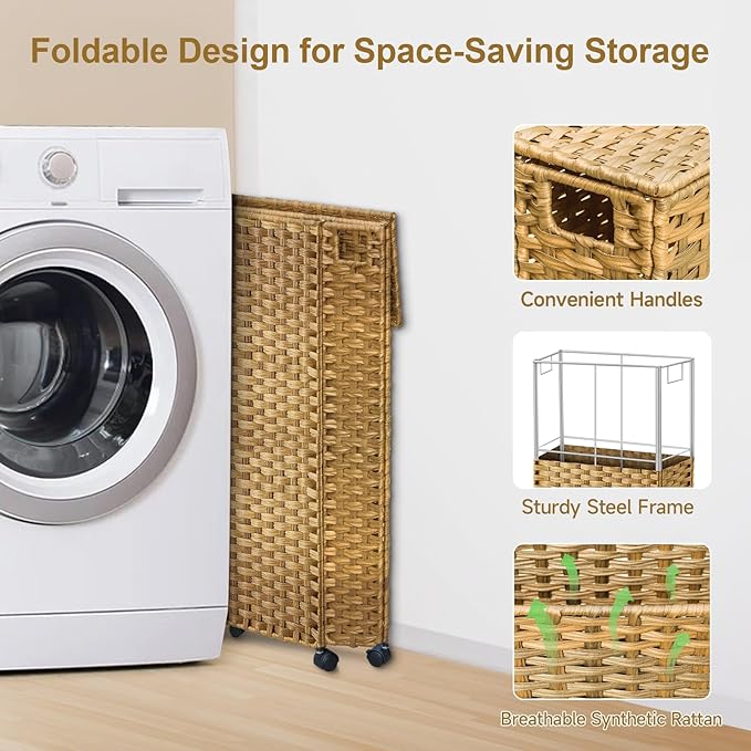88L Slim Laundry Hamper with Wheels, 23.3 Gallon Rolling Laundry Basket with Lid, Tall and Narrow Laundry Hamper with 2 Removable Liner & 3 Mesh Laundry Bags, Laundry Sorter for Bathroom, Natural