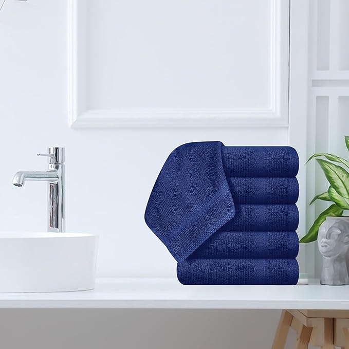 GLAMBURG Ultra Soft 12-Piece Washcloths Set 13x13-100% Ringspun Cotton - Durable & Highly Absorbent Face Towels - Ideal for use in Bathroom, Kitchen, Gym, Spa & General Cleaning - Navy Blue