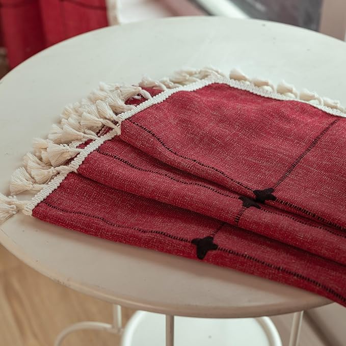 Sutuo Home Boho Curtains for Bedroom 96 Inch Length, Semi Blackout Checkered Linen Farmhouse Vintage Chic Tassels Window Treatment Bohemian Drape for Xmas Decor 1 Panel 52" W x 96" L, Red Plaids