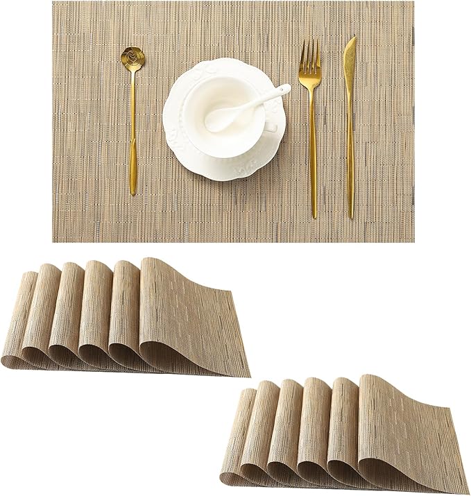Leetaltree Light Brown Placemats Set of 12 - Heat Resistant Non-Slip Place mats for Dining Table, Washable Durable PVC Vinyl Woven Table Mats（Light Brown, 12）