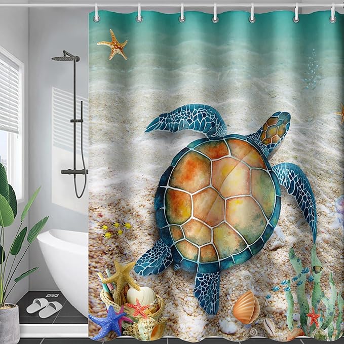AILONEN Sea Turtle Shower Curtain,Beach Ocean Turtle Bath Curtain with 12 Plastic Hooks,Sea Animal Coast Shell Print Bath Curtain Polyester Waterproof 36" W*72" H