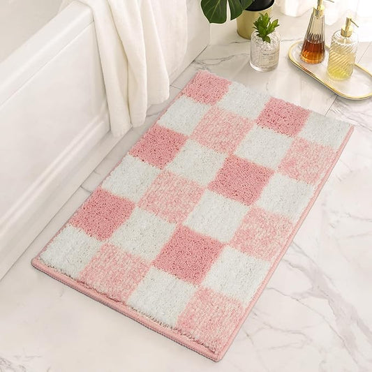 GRANNY SAYS Checkered Pink Bathroom Rugs,32" x 20",Fluffy Rug, Absorbent Microfiber Ultra Soft Bath Mat Washable, Non-Slip Bath Mats for Bathroom, Cute Floor Mat for Tub, Shower, Bedroom