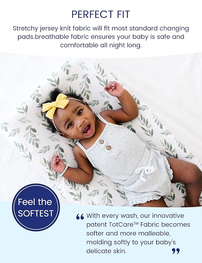 TotAha Premium Stretchy Changing Pad Covers (2-Pack)-Hypoallergenic, Silky Comfort, Buttery Soft, Calming Effect, All-Season Jersey-Knit 32'' X 16'' X 5'' Deep Pocket (Pink Buds & Green Leaves)