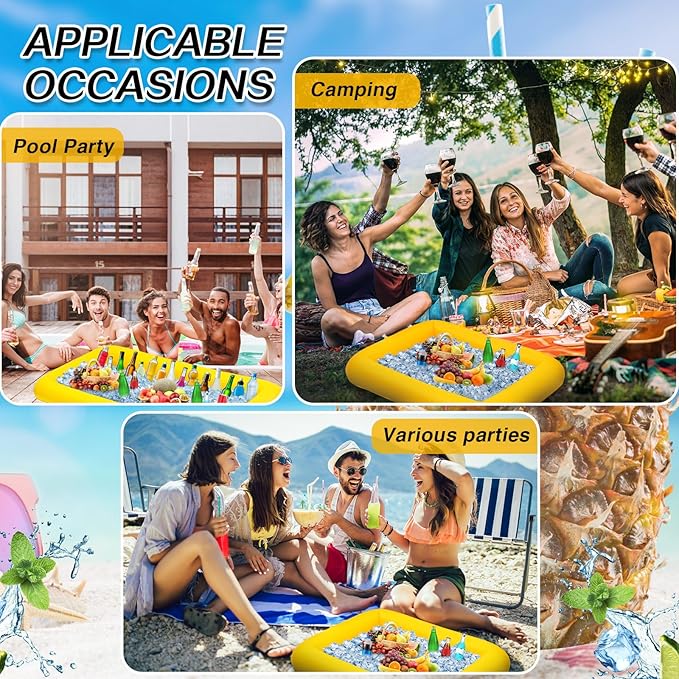 Leitee 4 Pcs Inflatable Ice Serving Bars Buffet Serving Tray Drink Cooler for Pool Party Inflatable Ice Tray Floating Food Drink Containers with Drain Plug and a Hand Pump, 2 Sizes (Yellow)