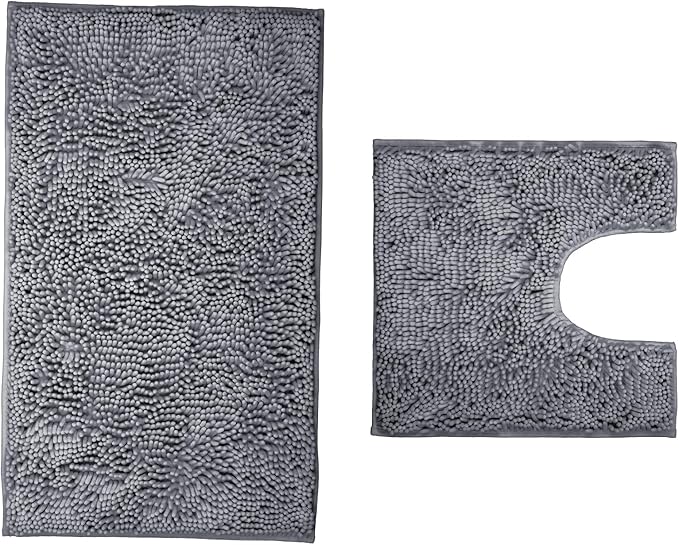 Bathroom Rugs 2 Pieces Chenille Bath Rug Mat, Extra Thick and Soft Absorbent Bath Rugs, Machine Washable, Non-Slip Plush Bath Mats for Tub, Shower, and, (Dark Gray, 32"x20"+U Shape 20"x20")