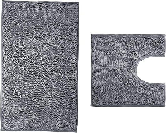 Bathroom Rugs 2 Pieces Chenille Bath Rug Mat, Extra Thick and Soft Absorbent Bath Rugs, Machine Washable, Non-Slip Plush Bath Mats for Tub, Shower, and, (Dark Gray, 32"x20"+U Shape 20"x20")