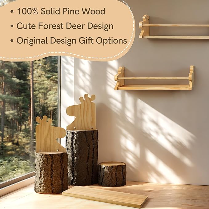 Gronda Cute Nursery Floating Shelves, Natural Solid Pine Wood Kids Bookshelves Wall Mount Storage Organizer Rustic Boho Decor for Kids Room Playroom Study Room Living Room Bedroom