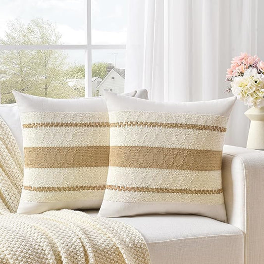 Fancy Homi Set of 2 Tan Neutral Decorative Throw Pillow Cover 16x16 Inch for Couch Bed Sofa, Aesthetic Modern Organic Farmhouse Boho Home Decor, Soft Cotton Cute Accent Macrame Woven Cushion Case