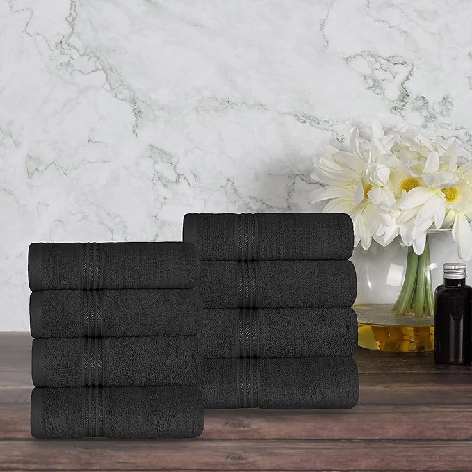 Superior Egyptian Cotton 8-Piece Hand Towel Set, Towel Basics For Quick Dry, Absorbent Small Towels, Facial, Spa, Kitchen, Bathroom Essentials, Apartment, Guest Bath, Soft, Washcloth, Black