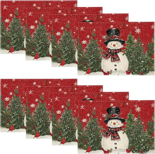 Artoid Mode Red Snowman Trees Bird Christmas Placemats Set of 8, 12x18 Inch Seasonal Winter Table Mats for Party Kitchen Dining Decoration