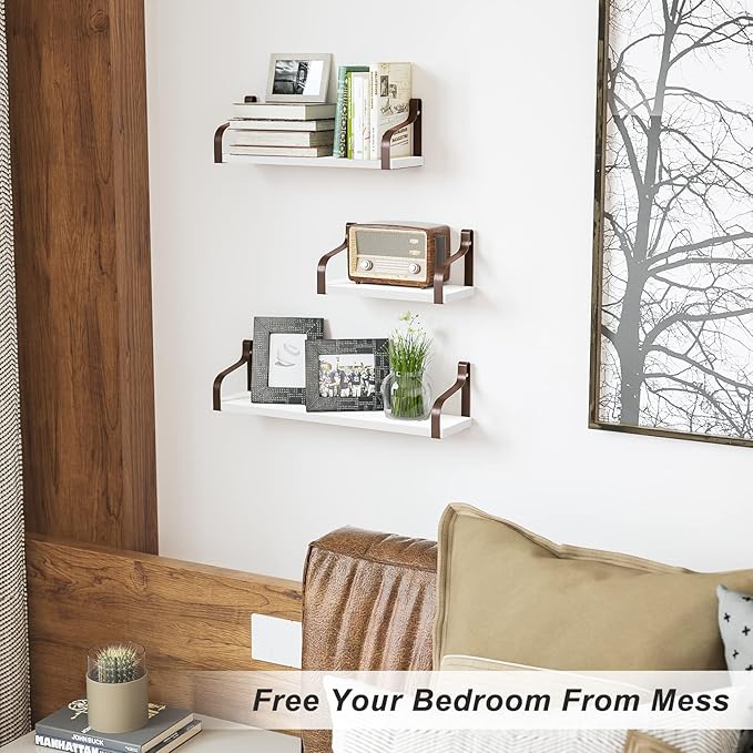 Love-KANKEI Floating Shelves for Wall Set of 3, Rustic Wood Wall Shelves for Bedroom, Living Room, Bathroom, Kitchen, Office Storage White Brown
