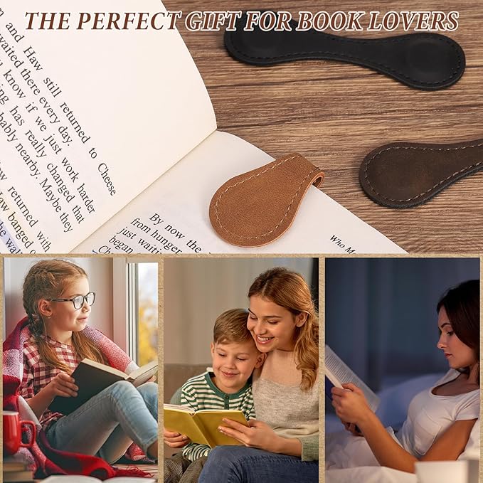 8 Pcs Leather Magnetic Bookmarks,Retro Magnetic Bookmark Holder,Double-Sided Magnetic Buckle for Wallet,PU Leather Bookmark Gift Suitable for Reading Lovers(Dark Colour)