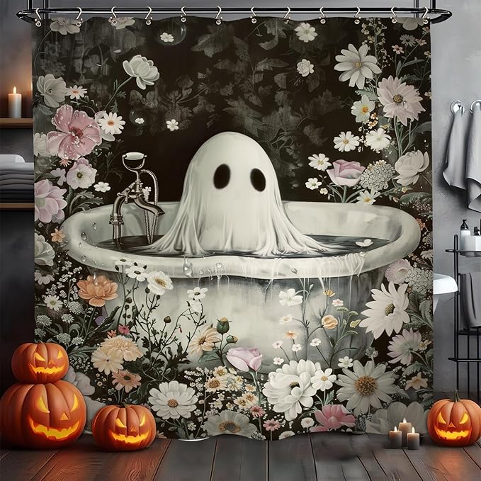 Halloween Ghost Gothic Funny Shower Curtain 60Wx72L Inch Horror Spooky Scary Flower Floral Holiday Bathroom Set Accessories Decor with 12 Pack Hooks