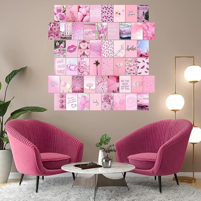 WOONKIT Pink Aesthetic Pictures, Collage Kit for Wall, Pink Room Wall Bedroom Dorm Decor, Room Decor for Teen Girls, Trendy 50pcs 4x6 inch