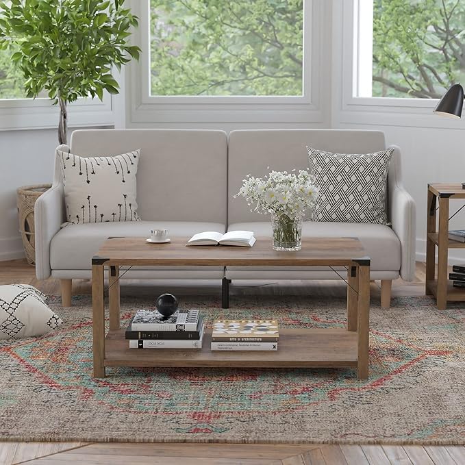 Flash Furniture Wyatt Modern Farmhouse 2 Tier Coffee Table - Rustic Oak Engineered Wood Frame - Black Metal Crisscross Side Braces and Corner Accents