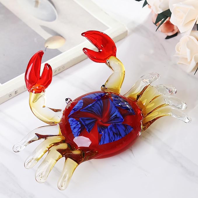 YAOYUAN Handmade Red Glass Crab Paperweight with Blue Flower - Unique Glass Animal Sculpture for Home Decor