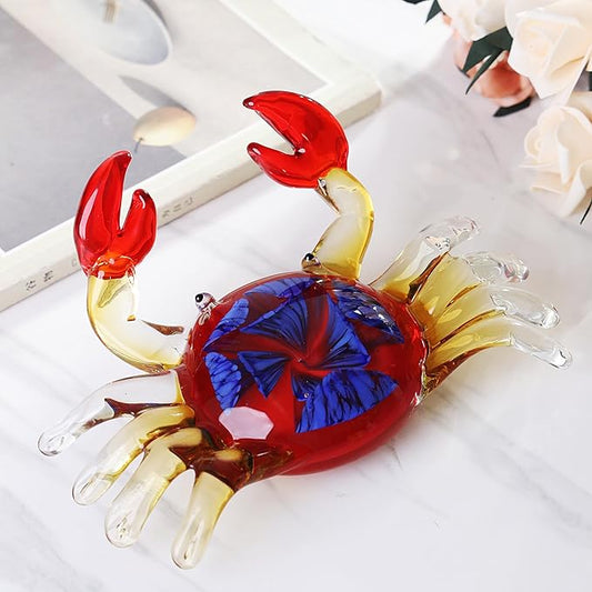 YAOYUAN Handmade Red Glass Crab Paperweight with Blue Flower - Unique Glass Animal Sculpture for Home Decor
