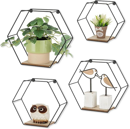 Hexagon Shelves Black for Wall - Metal Wood Floating Honeycomb Shelf - Hanging Planter Shelves for Living Room Bedroom Bathroom Set of 4