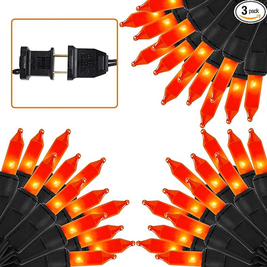 LJLNION 3 Pack Halloween Lights Outdoor, Each 33ft 150 Count Black Wire Incandescent Fairy Mini Lights, 120V UL Certified Clear Light String, Connectable for Patio Tree Party Home Decor, Orange