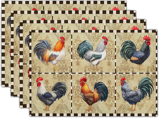 Rooster Placemats Set of 4-12 x 18 Inch Farm Animal Chicken Cotton Linen Table Mat Country Style Buffalo Plaid Decoration Washable Table Place Mats for Kitchen Dining Party